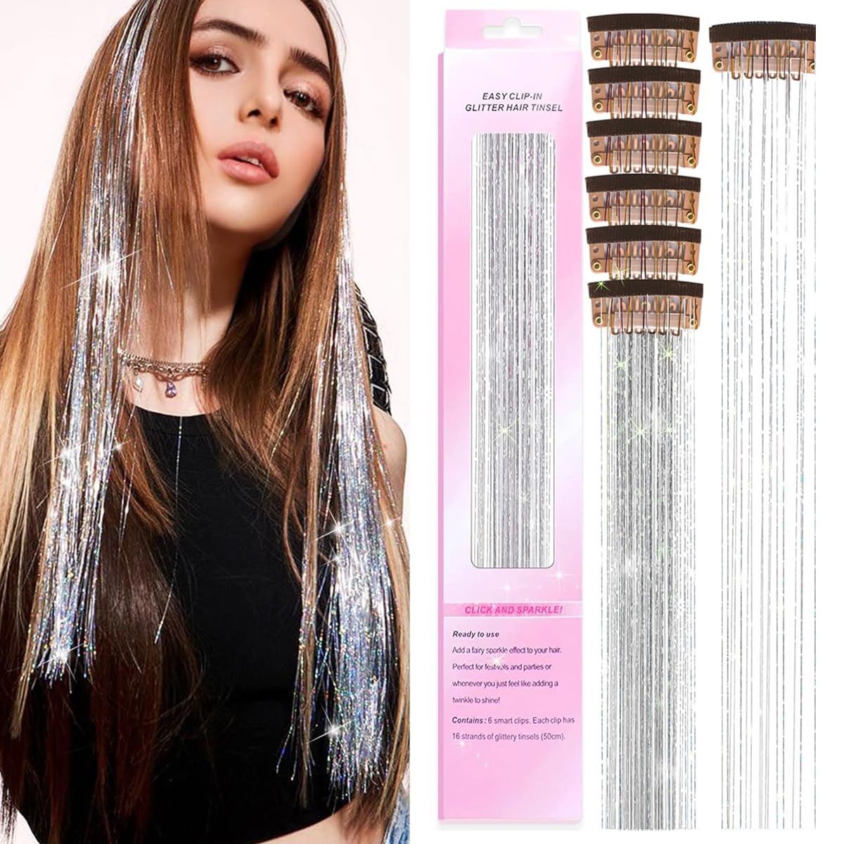 MAYCREATE 6pcs Hair Tinsel Hair Extensions for Women Girls Glitter Clip-in Fairy Hair Tinsels Sparkling Tinsel for Party Festival Cosplay - 20inch, Silver MAYCREATE 6pcs Hair Tinsel Hair Extensions for Women Girls Glitter Clip-in Fairy Hair Tinsels Sparkling Tinsel for Party Festival Cosplay - 20inch, Silver